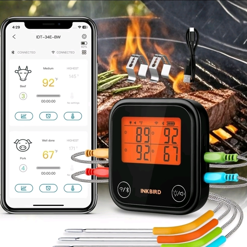 Wireless BBQ Thermometer with Probes - Black and Orange